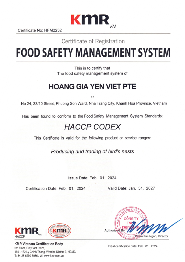 Chứng nhận HACCP Nhà nuôi Hoàng Gia Yến Việt